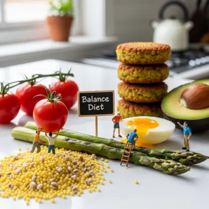 Small figurines surround a table of colorful vegetables and eggs, emphasizing the importance of healthy eating and balanced nutrition.
