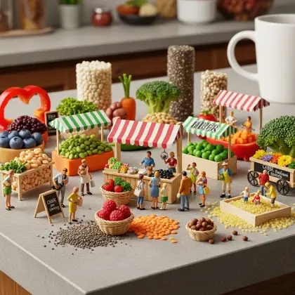 diverse spread of healthy foods on a table, with miniature figurines highlighting fiber-rich eating habits.