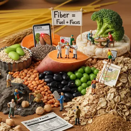 Tiny figurines enjoy a meal at a table, showcasing a variety of healthy foods focused on fiber and nutritious eating