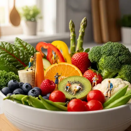 A bowl filled with colorful fruits and vegetables, featuring tiny figurines promoting healthy eating.