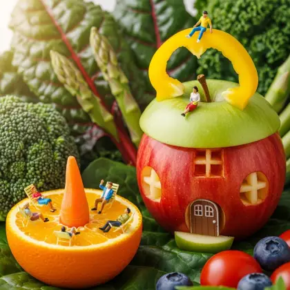 A table displaying a colorful assortment of fruits and vegetables, accompanied by miniature figurines promoting healthy eating.