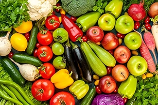 A vibrant display of fresh fruits and vegetables, promoting health and wellness through nutritious eating choices.