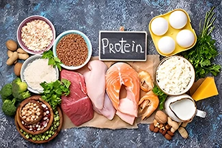 A blue background featuring various protein-rich foods, including chicken, beans, and tofu, essential for muscle building.