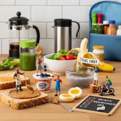 A delightful breakfast table displaying eggs, toast, fruit, and charming miniature figurines for a healthy start.