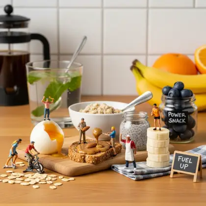 Miniature figurines on a table surrounded by colorful fruit and a bowl of cereal, promoting healthy breakfast choices.