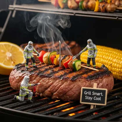 Miniature firefighters grilling steaks, emphasizing healthy cooking methods and the joy of healthy eating.