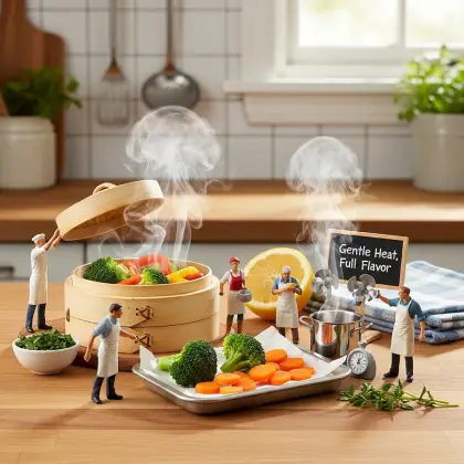 Miniature figures stand by a pot of food on a table, illustrating the theme of healthy eating and cooking methods.