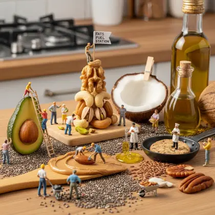 Miniature people gather around a table filled with nuts, seeds, and oil, promoting healthy eating and healthy fats.