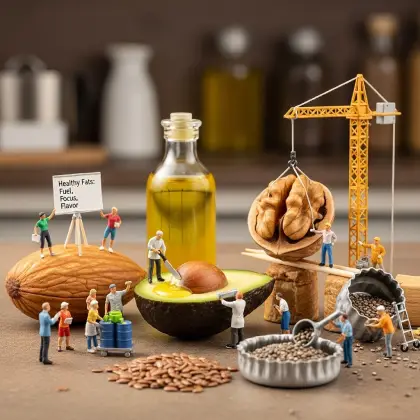 Tiny figurines stand by a table with an avocado, nuts, and a crane, highlighting healthy eating and healthy fats.