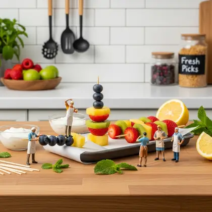 A vibrant kitchen table filled with fresh fruits and vegetables, featuring playful figurines encouraging healthy snacks.