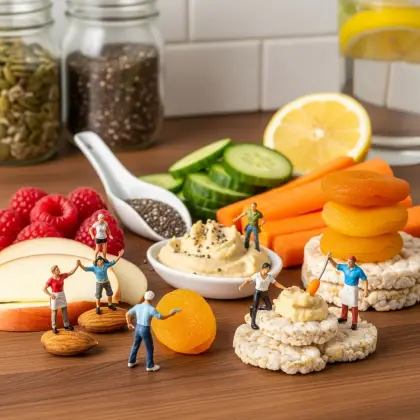 A vibrant table displaying an assortment of healthy snacks alongside playful miniature figurines, promoting healthy eating.