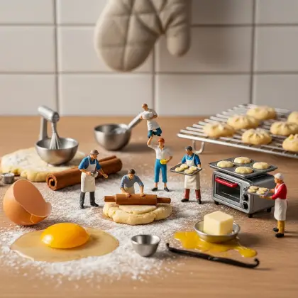 A playful toy kitchen featuring figurines and various healthy foods, highlighting the fun of home cooking and healthy eating.