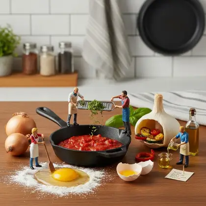 Tiny figurines preparing food in a pan, highlighting the joy of healthy eating and home cooking.