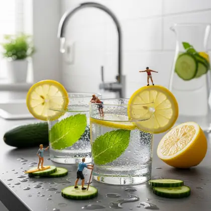 A kitchen counter featuring a sink, faucet, and a glass of water, promoting hydration and healthy eating with figurines.