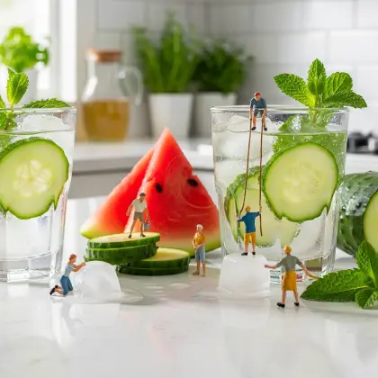 Miniature workers on a watermelon with ice cubes, illustrating the fun side of healthy eating and staying hydrated.