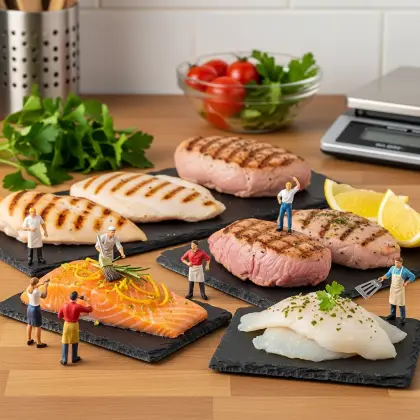 A table displaying a variety of fish and lean meats, surrounded by miniature figurines promoting healthy eating.