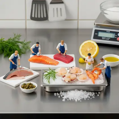 A table with miniature figurines discussing healthy eating, featuring a scale and lean meats as part of the display.