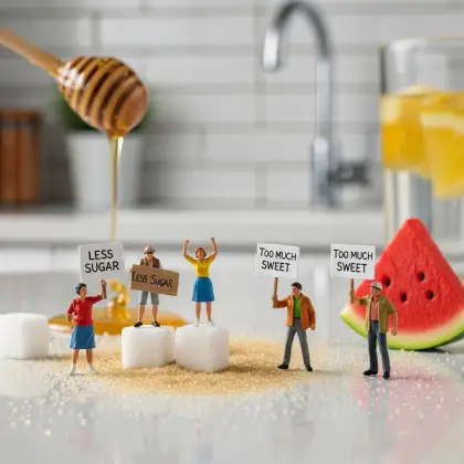 Miniature figures with signs advocate for healthy eating and less sugar in a playful, vibrant scene.