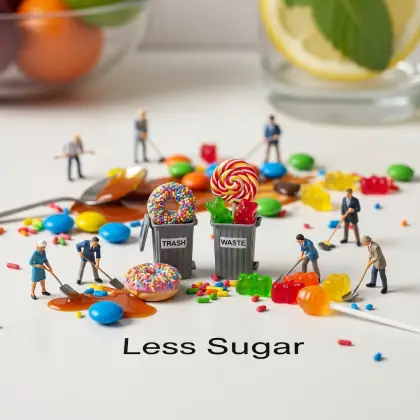 Miniature figurines promoting healthy eating with a playful message: 'Less sugar, more fun!'