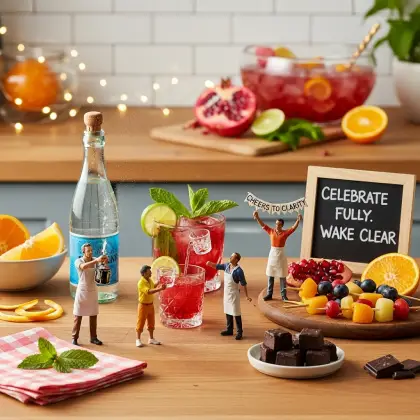 A table displaying healthy food and drinks, featuring miniature figurines and a focus on limiting alcohol consumption.
