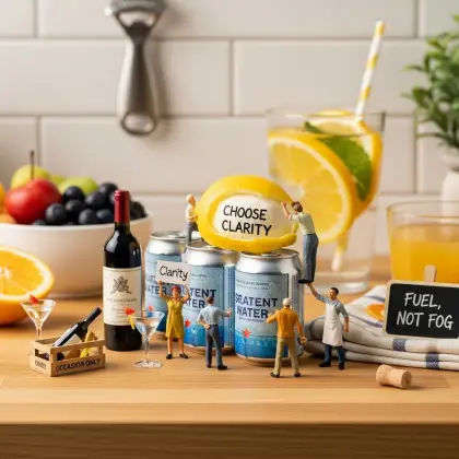 Miniature figures around a table with beer and lemon, representing the balance of healthy eating and limiting alcohol intake.