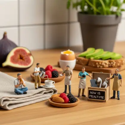 A group of miniature people stands around a table with fruit and eggs, illustrating healthy and mindful eating practices.