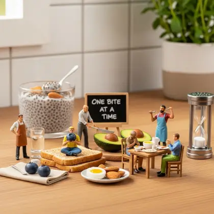 Miniature figurines gather around a table filled with healthy food, promoting mindful eating and healthy eating habits.