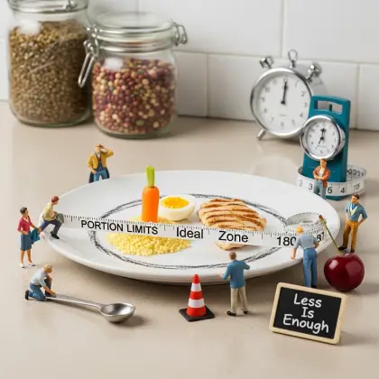 Miniature people on a plate symbolize healthy eating and the importance of portion control.