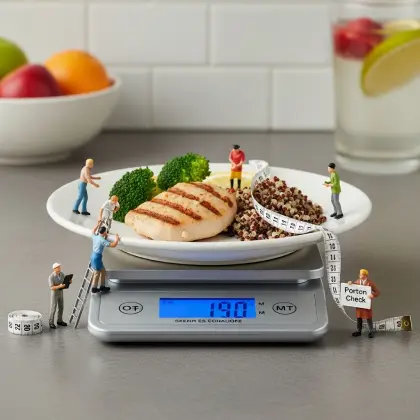 Miniature figures gather around a scale and a plate of food, emphasizing healthy eating and portion control.