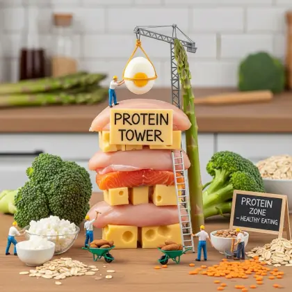 A colorful protein tower model featuring broccoli, eggs, and cheese, promoting healthy eating with miniature figurines.