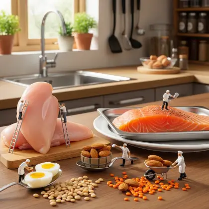 A kitchen table with a plate of healthy food, a sink nearby, and miniature figurines promoting protein-rich meals.