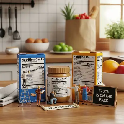 Miniature characters surround a peanut butter jar, focusing on healthy eating and examining food labels.