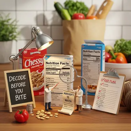 A table displays various healthy food items, miniature figurines, and a sign promoting reading food labels for better choices.