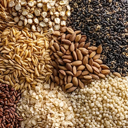Diverse grains and seeds arranged, emphasizing their health benefits, including antioxidants and essential nutrients for wellness.