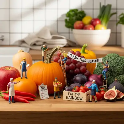 A colorful table filled with seasonal fruits and vegetables, surrounded by miniature figurines promoting healthy eating.