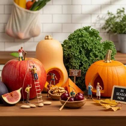 Miniature figurines gather around a table filled with colorful seasonal fruits and vegetables, promoting healthy eating habits.