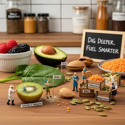 A colorful table showcasing various healthy foods, along with miniature figurines and icons of vitamins and minerals.