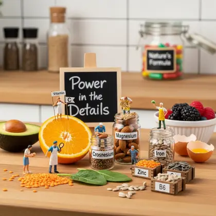 Miniature figurines representing healthy foods, vitamins, and minerals, highlighting the importance of nutrition in daily life.