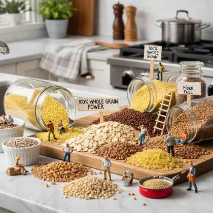 A kitchen counter displaying jars of various whole grains, surrounded by miniature figurines promoting healthy eating.