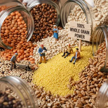 A vibrant tray filled with grains and beans, with tiny people figurines in front, highlighting healthy eating choices.