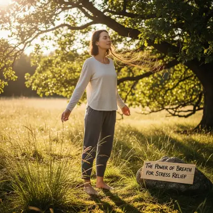 In a peaceful field beneath a tree, a person practices breathwork beside a sign promoting 'The Power of Breath.'