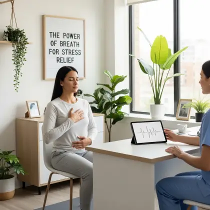 A healthcare provider guides a calm breathing session—spotlighting the soothing power of breath for inner balance.