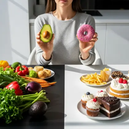 A woman weighs an avocado and a donut, torn between healthy and indulgent choices—prioritizing balance for better sleep.