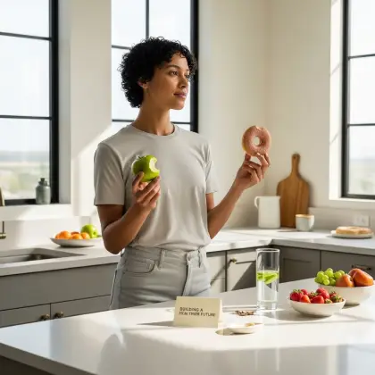 A person stands in a bright kitchen, weighing a green apple and a donut—mindfully choosing health to shape a better future.