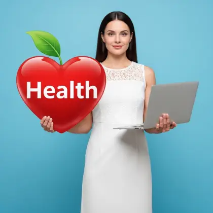 A smiling woman in white holds a heart icon labeled 'Health,' embracing well-being and technology as keys to happiness.