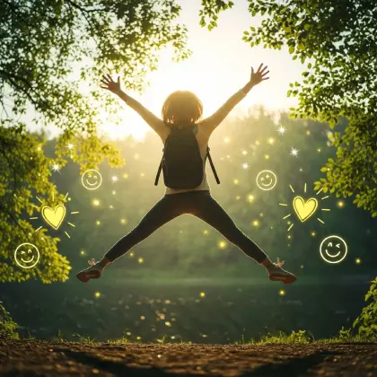 A person leaps joyfully in a sunlit forest, surrounded by glowing smiley faces—choosing happiness in full, radiant motion.