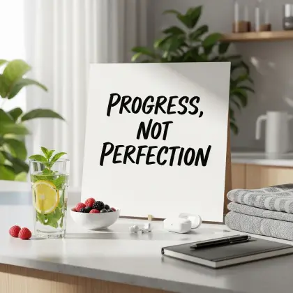 On a tidy desk, a note reads “One Step Better” beside lemon water, berries, earbuds, and tools for tracking health goals.