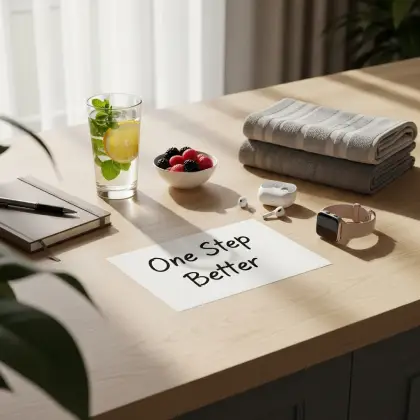 A kitchen counter displays “Progress, Not Perfection” with lemon water, berries, and towels—small steps toward wellness.