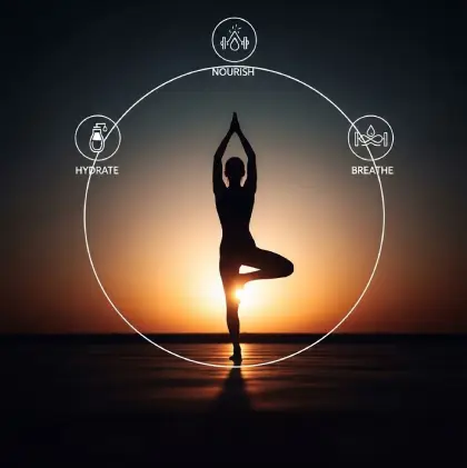 A person practices yoga at sunset, framed by icons—Hydrate, Nourish, Breathe—honoring balance and body connection.