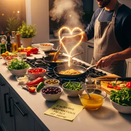 In a cozy kitchen, a man stirs fresh veggies with heart-shaped steam rising—cooking with care and joy at home.